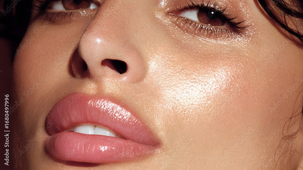 Fototapeta premium Close-up view of a woman's face with radiant, shimmering makeup, showcasing a soft, luminous glow and a delicate pink lip color.