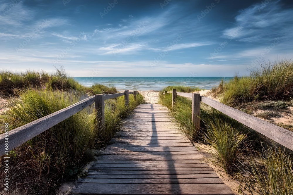 Fototapeta premium A wooden boardwalk leading to a sandy beach on a sunny day.