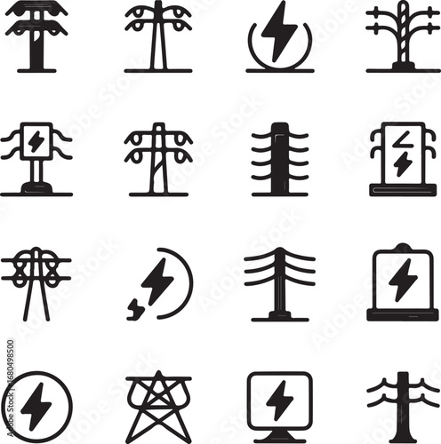 Electricity power transmission infrastructure and symbols line art icons pylons