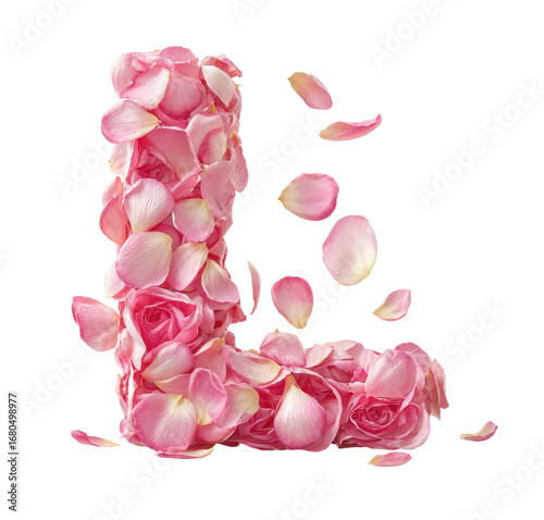 Capital letter "L" formed from delicate pink rose petals.  Petals are clustered densely, with loose petals floating around the letter.  Soft, pastel pink color palette