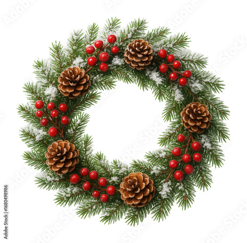 Snow-dusted wreath with pine cones and berries