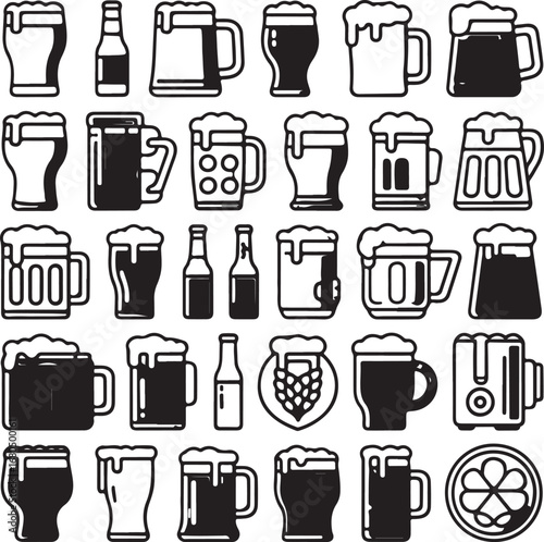 Assortment of beer glasses and bottles in black and white outline style mugs drinks