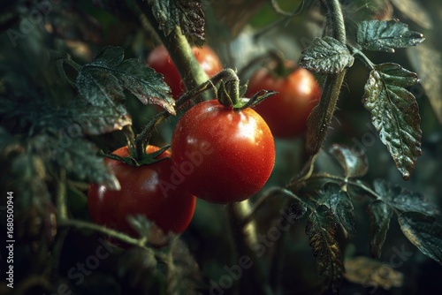 Ripe red cherry tomatoes on a vine, surrounded by dark green leaves