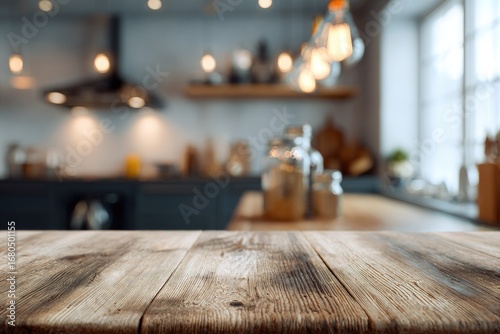 Rustic wooden table in blurred kitchen setting (4)