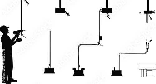 Electrician installing ceiling wiring, electrical cables connection, worker with drill silhouette, construction site wiring setup, black silhouette illustration vector