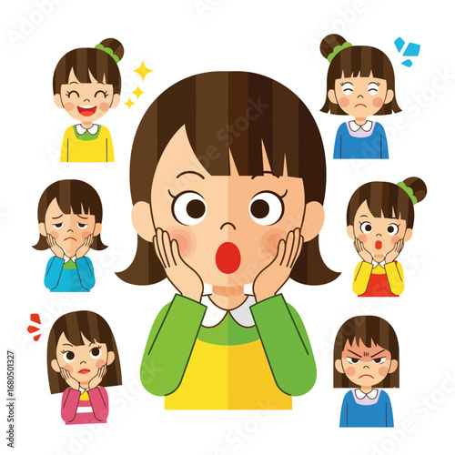 Surprised Japanese girl vector pack with happy, sad, and angry moods. Modern flat design, perfect for apps, websites, branding, and creative projects