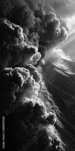 Massive, dark clouds billow from a volcanic eruption, illuminated by shafts of light