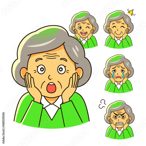 Vector illustrations of a Japanese grandmother. This character set features surprised, happy, sad, and angry expressions in a modern flat design style, perfect for various digital project