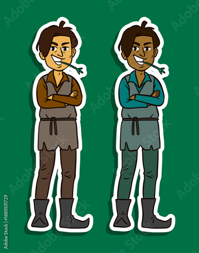 Young farmhand with straw in mouth arms crossed sticker illustration