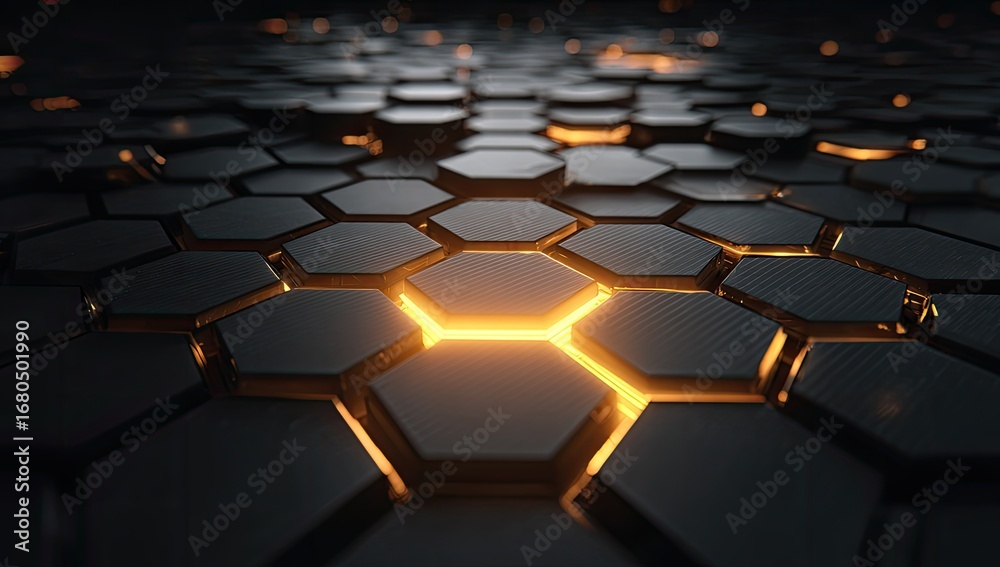 Obraz premium Dark honeycomb pattern with glowing center hexagons