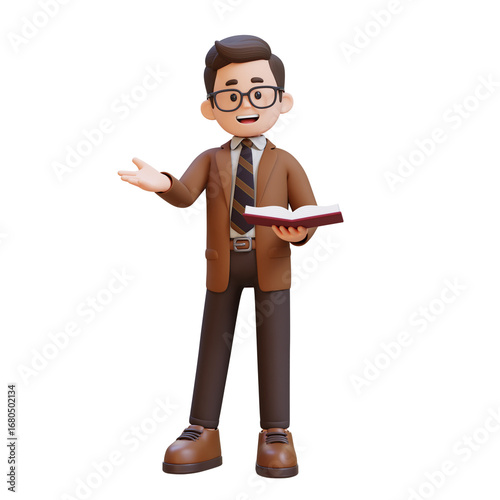3D cartoon male teacher character Holding Book while Explaining