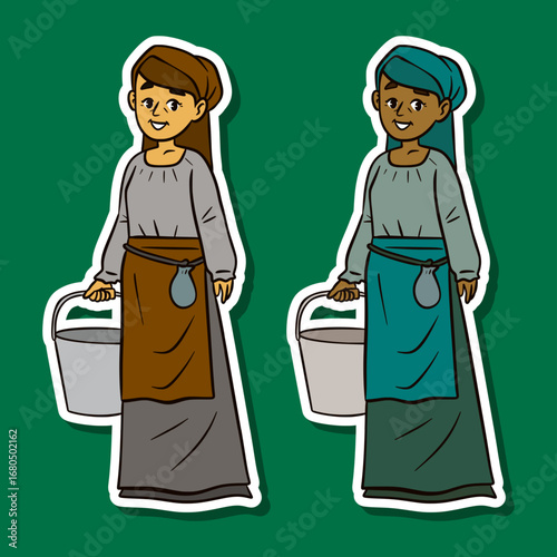 Medieval peasant woman carrying water bucket sticker illustration