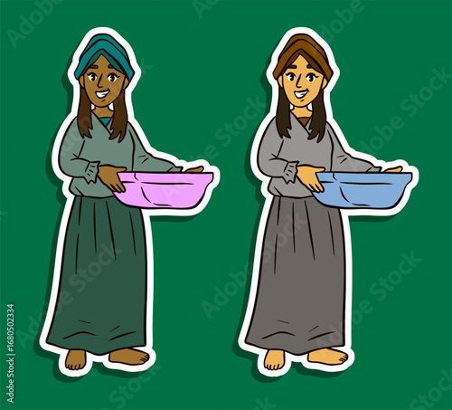 Medieval peasant woman carrying wash basin sticker illustration