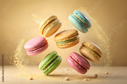 Wallpaper Mural Colorful Macarons Floating with Dusting of Sugar on Beige Background Torontodigital.ca