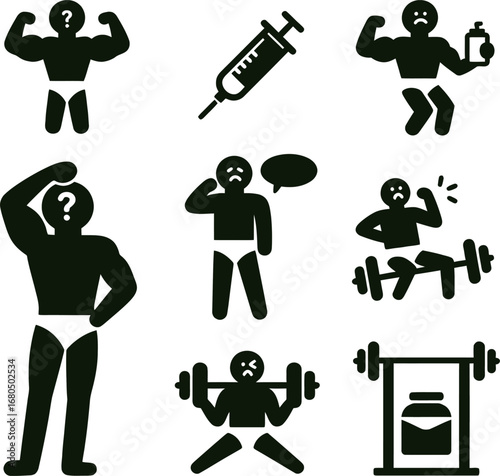 Silhouette icons representing fitness challenges and supplement use in bodybuilding.