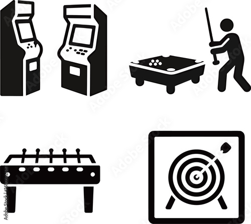 Fun gaming icons showcasing classic arcade, billiards, foosball, and darts.