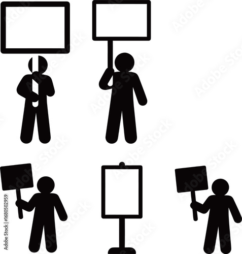 Illustration of diverse characters holding blank signs for protests or announcements.