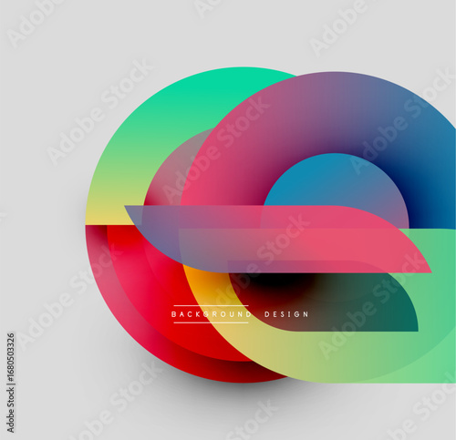 Abstract colorful circles overlap creating dynamic composition. Gradient hues blend smoothly, modern design element.