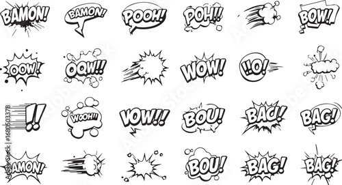 Assortment of Black and White Comic Book Sound Effects and Speech Bubbles with Motion onomatopoeia BAMON