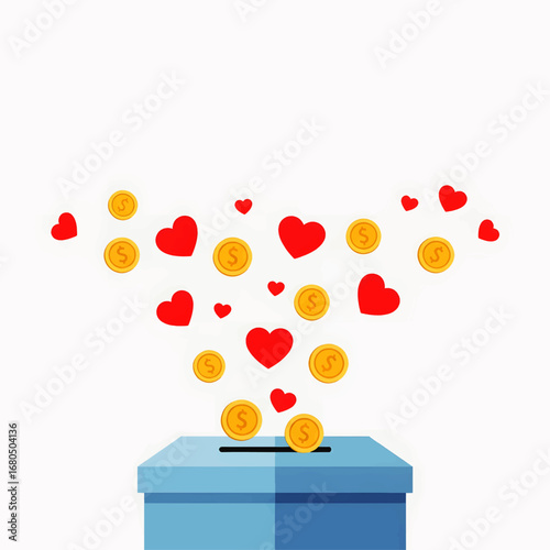 Charitable giving concept with gold coins and red hearts falling into a collection box for support and kindness