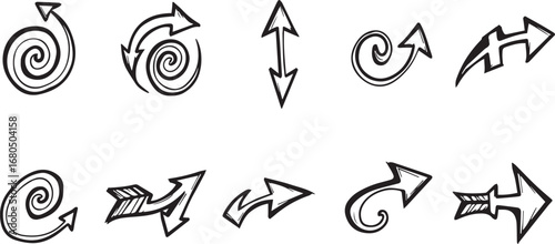 Group of Ten Hand Drawn Arrows Featuring Spirals and Geometric Shapes direction pointer