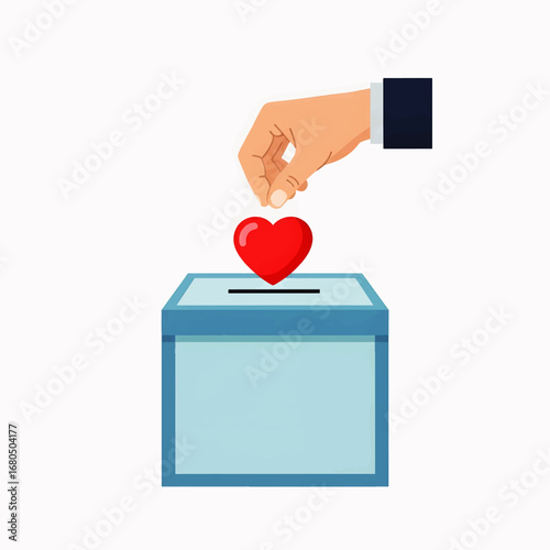 A person's hand places a red heart into a donation box, symbolizing charity, love, and generosity. A vector concept for philanthropy and volunteering