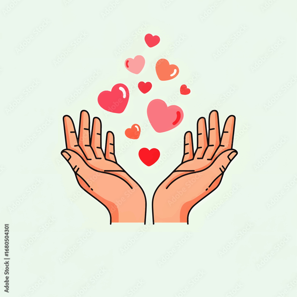 Obraz premium Open hands releasing a stream of floating love hearts, a symbolic representation of giving, charity, compassion and affection