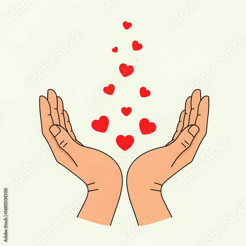 Open cupped hands sharing a multitude of red hearts, representing the universal concept of giving love, charity, and kindness. A symbol of compassion and support