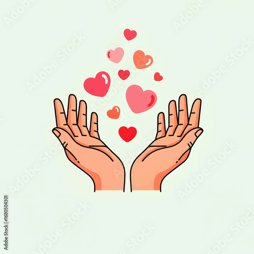 Open hands releasing a stream of floating love hearts, a symbolic representation of giving, charity, compassion and affection