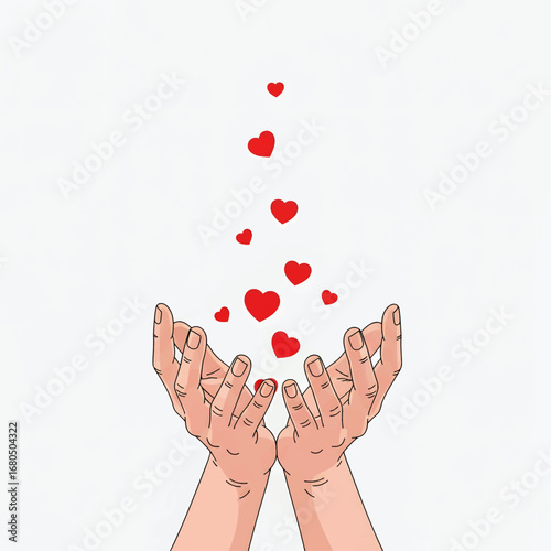 A hand-drawn vector illustration of open hands releasing red hearts, a beautiful concept representing charity, love, giving, and compassion on a white background