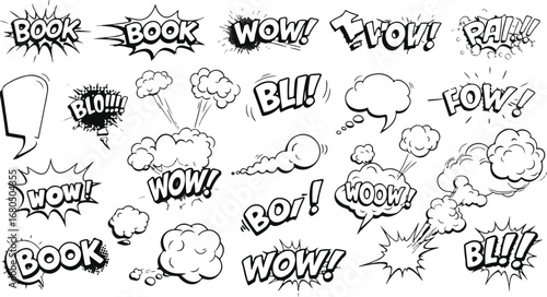 Assortment of Comic Book Sound Effects Speech Bubbles and Explosions vector illustration
