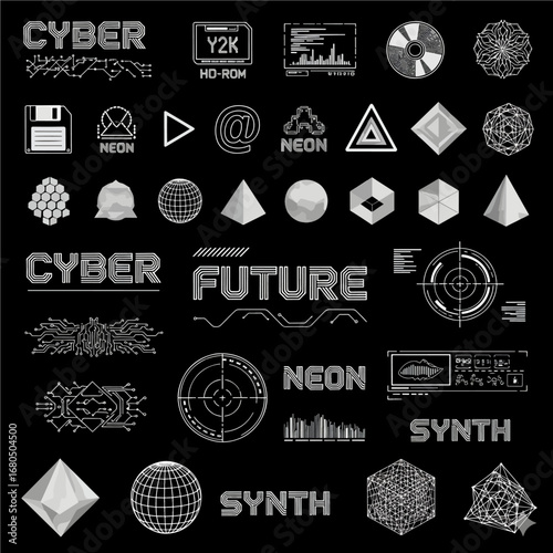 Retrofuturistic cyber aesthetic - 3D shapes, HUD, UI, cyberpunk elements, digital lettering. Y2K icons, 3D geometric shapes. Cyberpunk streetwear graphic pack for typography, clothes. Vector set