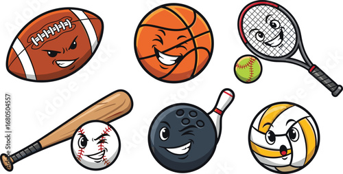 Cartoon sports balls and equipment with smiling faces, fun illustration of football, basketball, tennis, baseball, bowling, volleyball characters