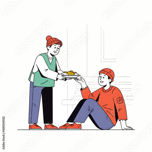 Young volunteer sharing a warm meal with a person in need, a beautiful concept of kindness, charity, and social support