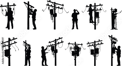 Electrician silhouette working on power pole, utility worker repair, electrical maintenance, energy service, construction lineman, safety harness, power line technician