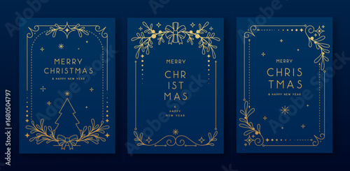 Set of modern Christmas frames or holiday greeting cards on blue background. Line art vector illustration
