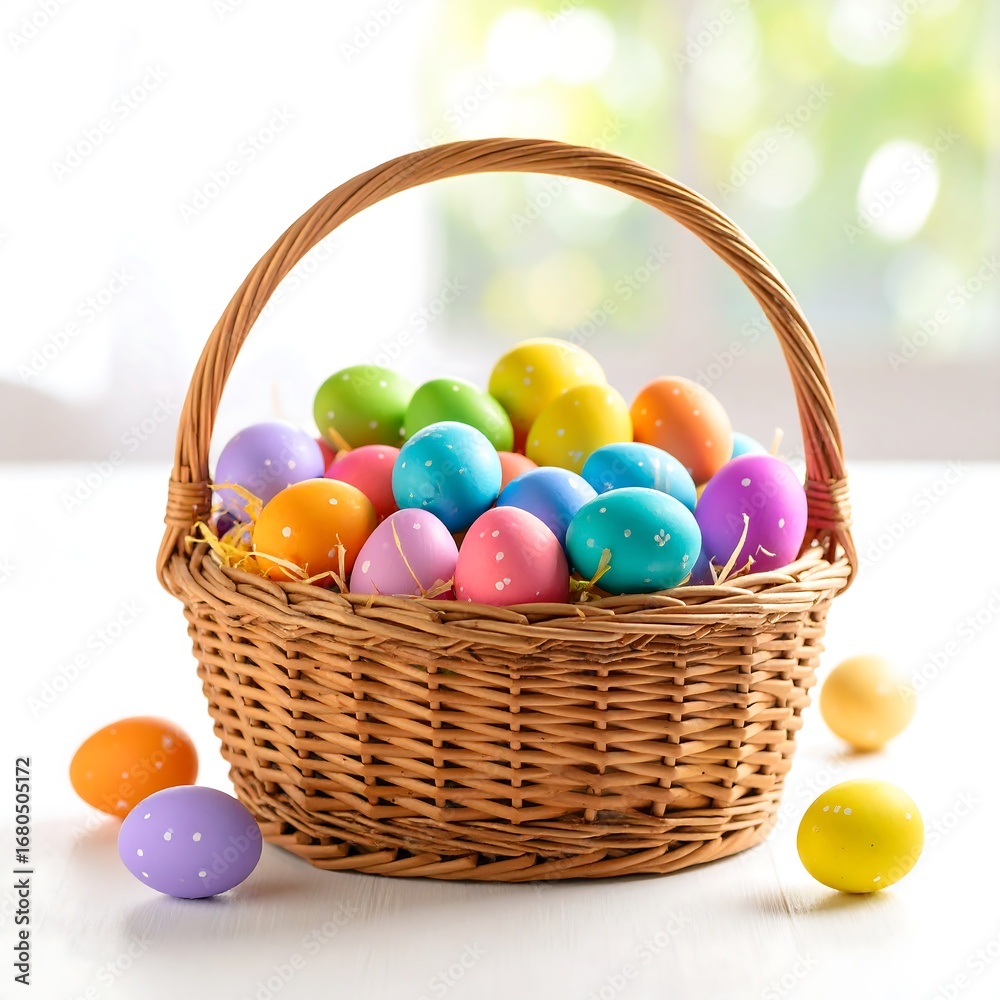 Naklejka premium Easter eggs in a wicker basket