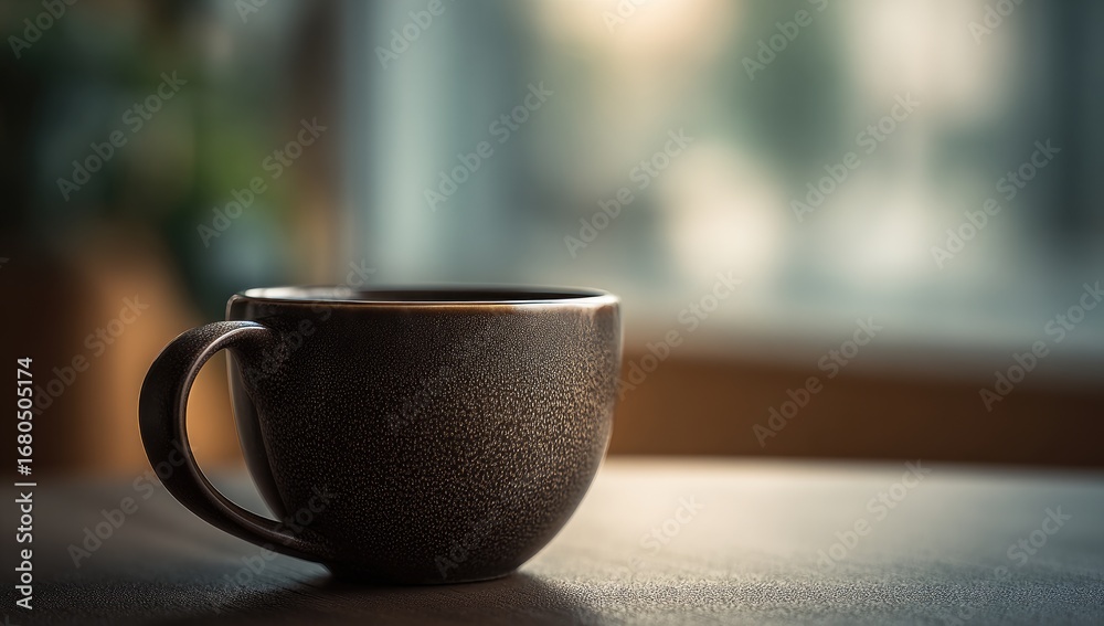 Obraz premium Dark-hued mug of coffee, soft focus