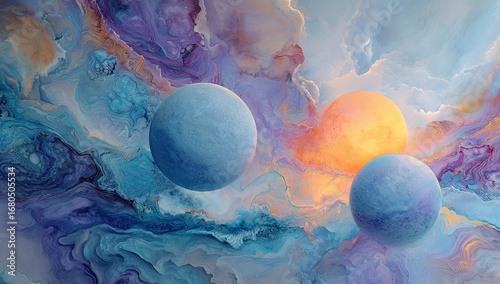 Abstract cosmic landscape with two celestial bodies