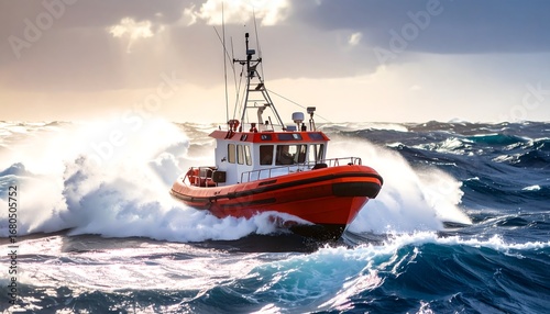 Red rescue boat navigating choppy seas