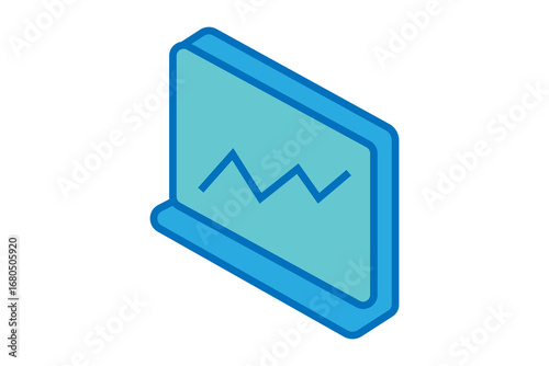 The image shows a 3D isometric icon of a computer monitor or display screen. The screen is light blue with a zigzag line graph, symbolizing data, analytics, or monitoring.