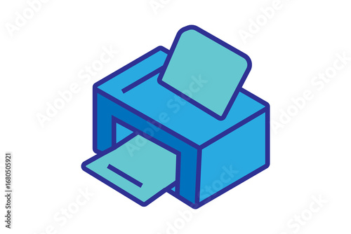 The image shows a 3D printer icon in blue shades. The printer is designed with an isometric perspective, featuring a sheet of paper coming out from the front and another sheet inserted at the top.