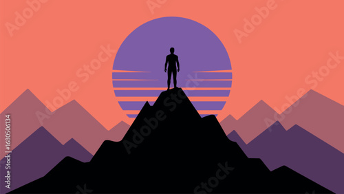 Silhouette of a Man on Mountain Peak against Retro Sunset Background Achieving Success and Overcoming Challenges
