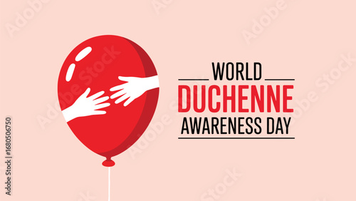World Duchenne Awareness Day illustration with red balloon and reaching hands in support and solidarity
