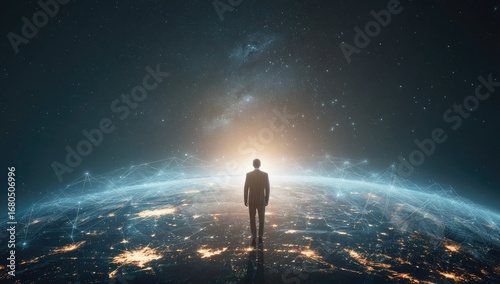 Silhouette figure stands on Earth, gazing at cosmos.  Networked global view