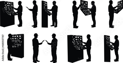 Engineer operating control panel, technician monitoring system, electrical worker silhouette, power plant operation, industrial maintenance, black vector illustration design