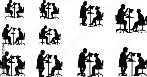 Eye doctor examining patient, optometrist checkup, medical vision test, hospital healthcare service, black silhouette vector illustration, ophthalmology consultation, eye examination