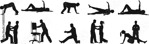 Physiotherapy exercise silhouette, patient rehabilitation, physical therapy training, healthcare recovery, doctor assistance, medical treatment, stretching therapy, rehabilitation session, hospital 