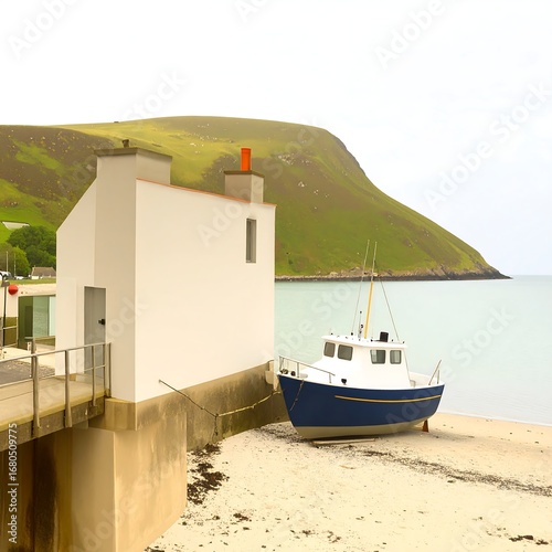 Coastal scene, boat ashore near building