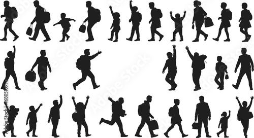 Silhouette collection of adults and children walking with backpacks and bags, vector set for travel, school, family, and lifestyle designs